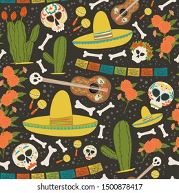 Mexican symbols hand drawn cartoon style seamless pattern. Dia de los Muertos or Day of the Dead endless fabric background. Stock vector