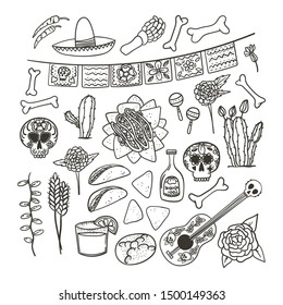 Mexican symbols hand drawn doodle style set. Taco, nachos, tequila, margarita, skull, cactus, guitar etc. Stock vector