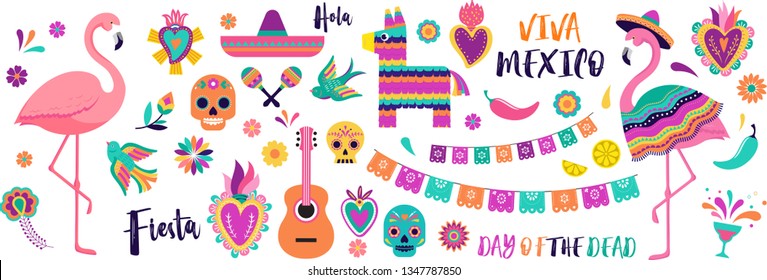 Mexican symbols, icons and illustrations. Vector collection of colorful design for Cinco de Mayo, Fiesta and Day of the dead