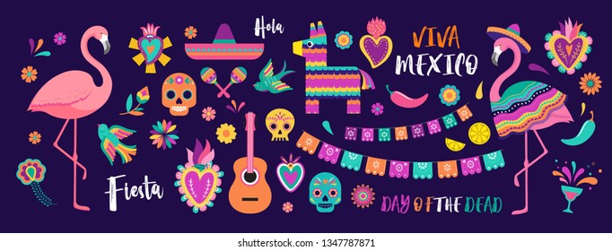 Mexican symbols, icons and illustrations. Vector collection of colorful design for Cinco de Mayo, Fiesta and Day of the dead