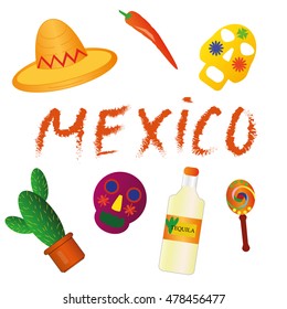 Mexican symbols, Icons of Mexico. Cactus, maracas, mask, sombrero, chili, tequila