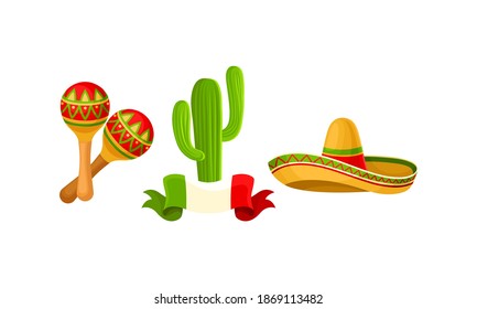 Mexican Symbols with Maraca Musical Instrument and Sombrero Hat Vector Set