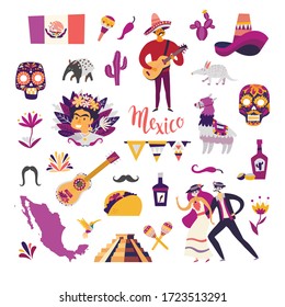 Mexican symbols objects vector illustration. Sweet skull and tequila, mustache and sombrero. Mexican guitarist and llama. Colorful drawings icon about Mexico isolation on white background