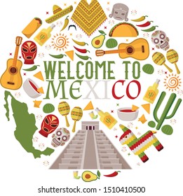 Mexican symbols in round frame composition, vector illustration. Welcome to Mexico sightseeing tour, visit historic landmarks, taste local cuisine. Mexican culture flat icons, travel booklet cover.