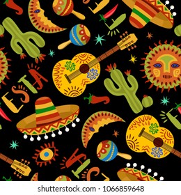Mexican symbols seamless pattern. Dia de los muertos is day of the dead in Spanish. Mexican party wallpaper. Pattern with symbols of Mexico. Mexican seamless pattern. Mexican national symbols 