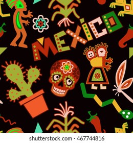Mexican symbols seamless pattern. Dia de los muertos is day of the dead in Spanish. Mexican party wallpaper. Pattern with symbols of Mexico. Mexican seamless pattern. Mexican national symbols 