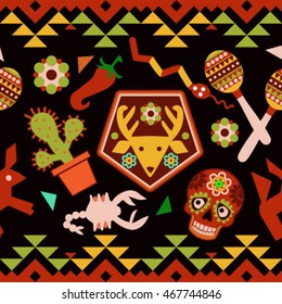 Mexican symbols seamless pattern. Dia de los muertos is day of the dead in Spanish. Mexican party wallpaper. Pattern with symbols of Mexico. Mexican seamless pattern. Mexican national symbols 