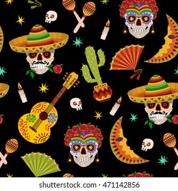 Mexican symbols seamless pattern. Dia de los muertos is day of the dead in Spanish. Mexican party wallpaper. Pattern with symbols of Mexico. Seamless pattern with skeletons. 