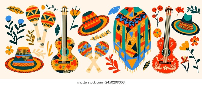 Conjunto de símbolos mexicanos. Colección festiva para el día Cinco de Mayo. 