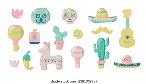 Mexican symbols set with traditional of holiday skull, pinata, sombrero and tequila. Hand drawn elements collectionisolated on white background. Vector illustration