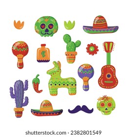 Mexican symbols set with traditional of holiday skull, pinata, sombrero and tequila. Hand drawn elements collectionisolated on white background. Vector illustration