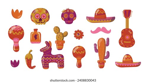 Mexican symbols set with traditional of holiday skull, pinata, sombrero and tequila. Hand drawn elements collectionisolated on white background. Vector illustration