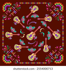 Mexican symbols, sombrero, guitar, maracas and text Hola Fiesta. Handwritten lettering, cartoon outline and colorful flat elements on brown. Vector illustration. Scarf pattern design. Bandana