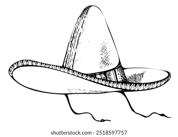 Símbolos mexicanos chapéu sombrero com fita bordada, tiras de queixo, palha de feltro, chapéus masculinos. Ilustração de vetor de tinta desenhada à mão. Um único elemento isolado no branco. Design - Viagem, férias, folheto