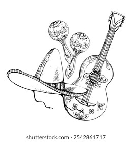 Chapéu sombrero símbolos mexicanos, guitarra maracas mariachi instrumentos musicais, decoração ornamento floral. Ilustração isolada de vetor de tinta desenhada à mão. Folheto de design de viagens, férias, concerto de folk