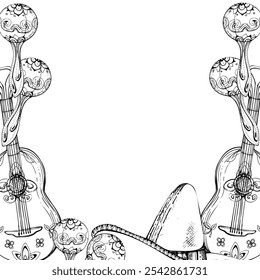 Símbolos mexicanos chapéu sombrero, guitarra maracas mariachi instrumentos musicais, ornamento floral. Quadro de borda de ilustração isolada de vetor de tinta desenhado à mão. Folheto de design de viagens, férias, concerto de folk