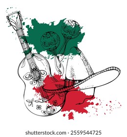 Mexican symbols sombrero hat, guitar maracas mariachi musical instruments, floral ornament decoration, red white green flag. Hand drawn ink vector illustration. Design travel, folk concert brochure