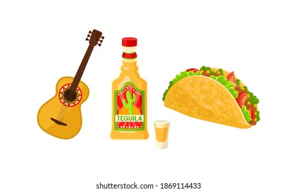 Mexican Symbols with Tequila Drink in Bottle and Stuffed Taco Vector Set