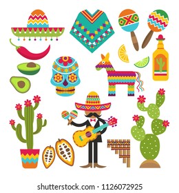 Mexican symbols. Vector design template of Traditional Mexican elements. Mexico and sombrero, guitar and maracas, cactus and tequila illustration