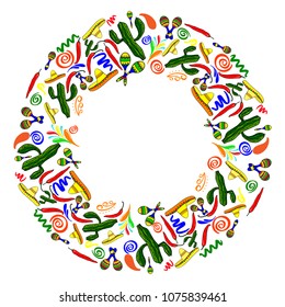 Mexican symbols vector greeting card, wedding or party invitation decoration,  Cinco de Mayo(5th may) border. Round frame of traditional elements Mexican holiday on white background.