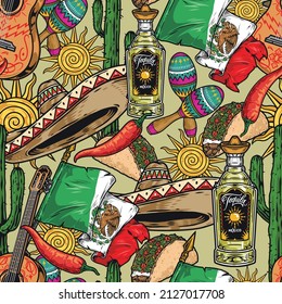 Mexican symbols vintage seamless pattern with tequila bottle, chili pepper, sombrero hat, national flag, taco, sun, cactus, pair of maracas, vector illustration