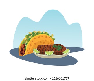 mexican taco and beef steak food vector illustration design