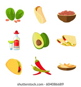 Mexican Taco, Burrito And Nachos Food, Avocado, Tequila, Red Hot Pepper Vector Cartoon Icons