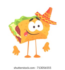 Mexican taco character with meat and vegetables, traditional humanized food in traditional clothes vector Illustration