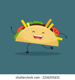 Mexican taco cute character. Latin american cartoon food concept. Tacos with meat and vegetable. Vector illustration in trendy flat style isolated on white background.