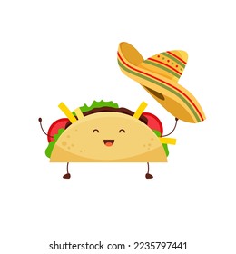 Mexican taco cute character with sombrero. Latin american food concept. Tacos with meat and vegetable. Vector illustration in trendy flat style isolated on white background.