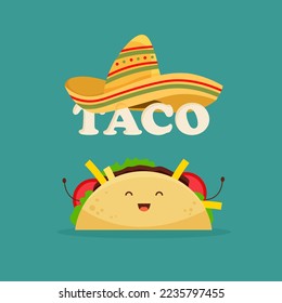 Mexican taco cute character with sombrero. Latin american food concept. Tacos with meat and vegetable. Vector illustration in trendy flat style isolated.