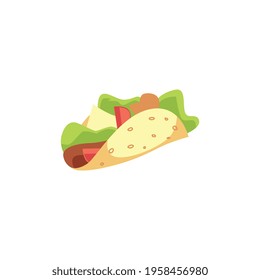 Mexican taco, fast food in street cafe or takeaway, delicious spicy snack with salad, meat and tomato in tortilla shell. Flat vector illustration isolated on white background.