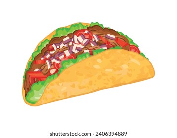 Mexican Taco food with beef and vegetables vector illustration. Taco icon vector isolated on a white background. Traditional mexican fast food drawing. Tortilla filled with meat and vegetables vector