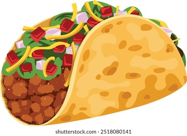 Taco mexicano con carne molida, lechuga, tomates, cebollas y queso - Dibujo de dibujos animados de comida mexicana 