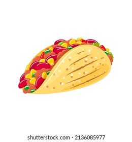Mexican taco icon. Illustration of traditional Mexican food isolated on a white background. Tortilla with ground meet with vegetables. Vector 10 EPS.