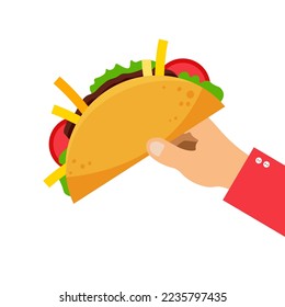 Mexican taco icon. Latin american food concept. Hand holds tacos with meat and vegetable. Vector illustration in trendy flat style isolated on white background.