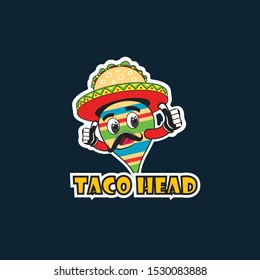 Mexican Taco logo design with dark blue background, tacos hat, mustache, and mexican trompo
