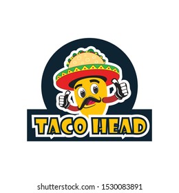 Mexican Taco logo design with dark blue background, tacos hat, mustache, and mexican trompo