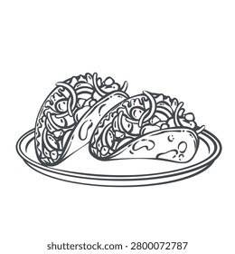 Mexican Taco on plate with folded tortilla, lettuce, tomato, onion and sauce details. Street food menu with mexican taco, outline vector illustration.