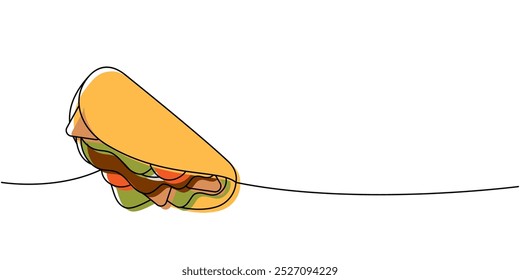 Mexican taco one line colored continuous drawing. Traditional Mexican street fast food. Vector linear illustration.