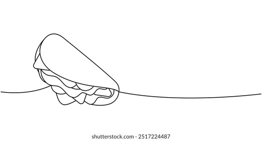 Mexican taco one line continuous drawing. Traditional Mexican street fast food. Vector linear illustration.