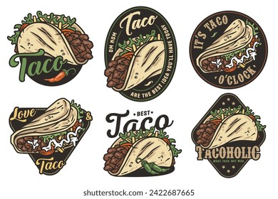 Mexican taco set vector with meat and vegetable for logo or emblem. Latin traditional taco collection for restaurant or cafe of Mexico fast food.