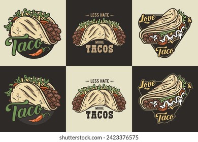 mexikanische Taco-Set Vektor mit Fleisch und Gemüse für Logo oder Emblem. Lateinische traditionelle Taco-Sammlung für Restaurant oder Café von Mexiko Fastfood.