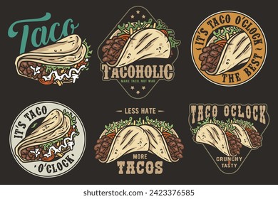 Mexican taco set vector with meat and vegetable for logo or emblem. Latin traditional taco collection for restaurant or cafe of Mexico fast food.