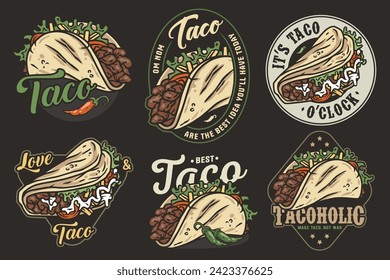 Mexican taco set vector with meat and vegetable for logo or emblem. Latin traditional taco collection for restaurant or cafe of Mexico fast food.