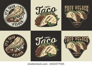 Mexican taco set vector with meat and vegetable for logo or emblem. Latin traditional taco collection for restaurant or cafe of Mexico fast food.