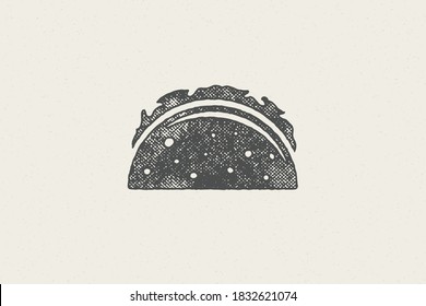 Mexican taco silhouette for street fast food design hand drawn stamp effect vector illustration. Vintage grunge texture symbol for packaging and fast food restaurant menu design or label decoration