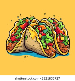 Taco mexicano. Ilustración de Tacos dibujada a mano. Ilustración de dibujos animados de estilo doodle vectorial