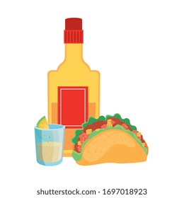 Mexican taco tequila bottle and shot design, Mexico culture tourism landmark latin and party theme Vector illustration