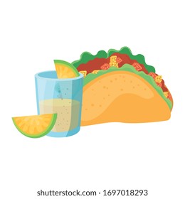 mexikanisches Taco- und Tequila-Shotdesign, mexikanisches Kulturtourismus Wahrzeichen der Vektorillustration und Partythemengrafik